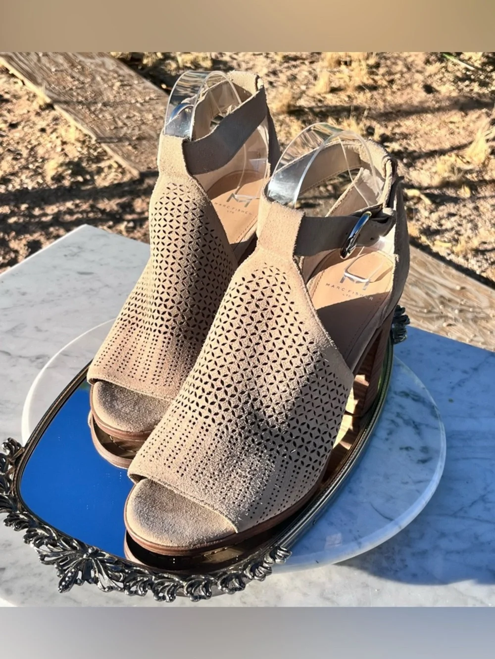 Marc Fisher Vixen Peep Toe City Sandal, 9.5, Tan Perforated Suede, 3.75” Heel - Picture 7 of 15